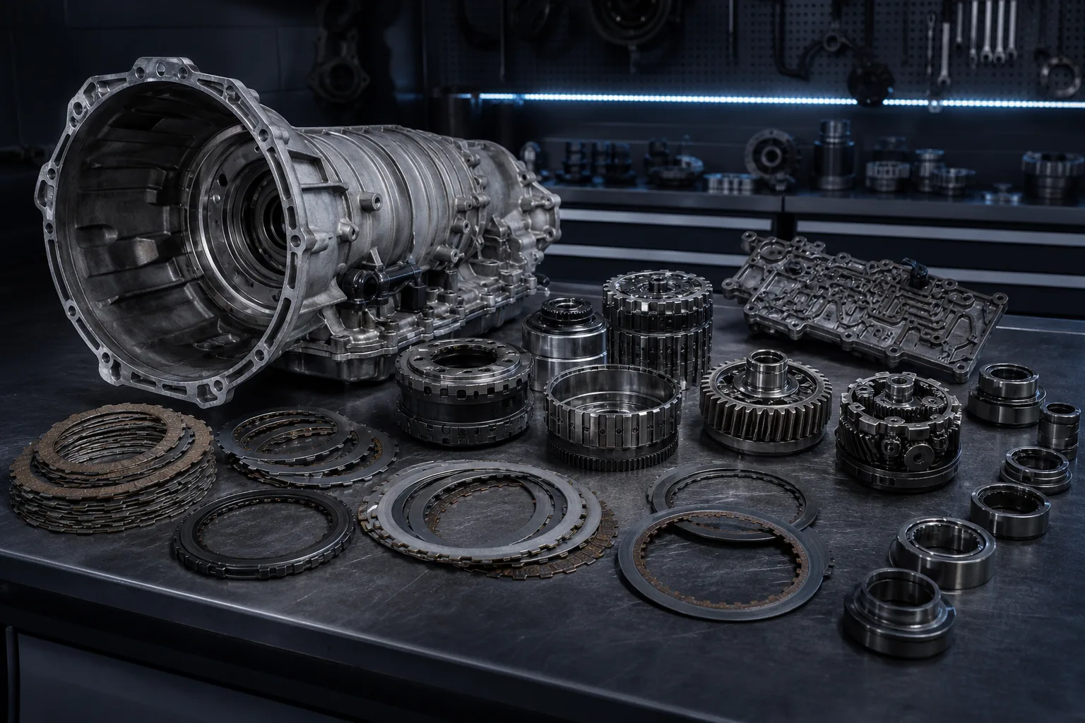 Demontiertes Automatikgetriebe mit sichtbaren Reibplatten und Planetenräder — 1920x1080